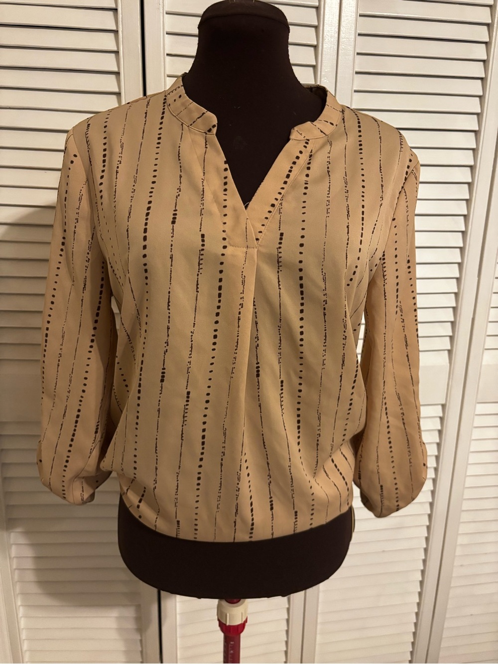 Womens Tan Patterned V-Neck Blouse